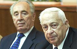 אריאל שרון ושמעון פרס בישיבת ממשלה